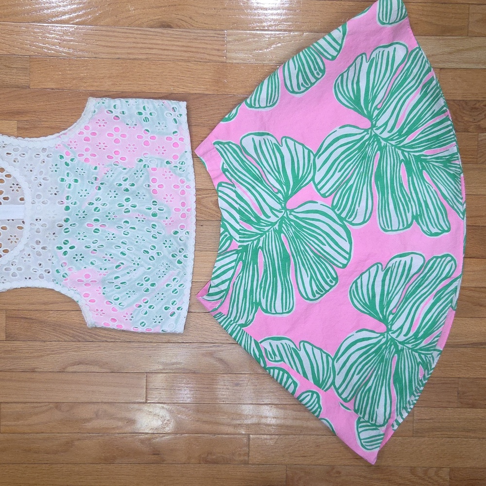 Lilly Pulitzer Pink and Green Print Skirt and Matching White Lace Top